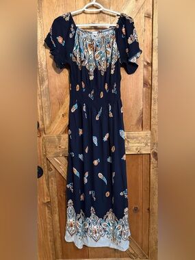 Kindred Plus Size 2X Boho Paisley Floral Maxi Dress Navy Blue